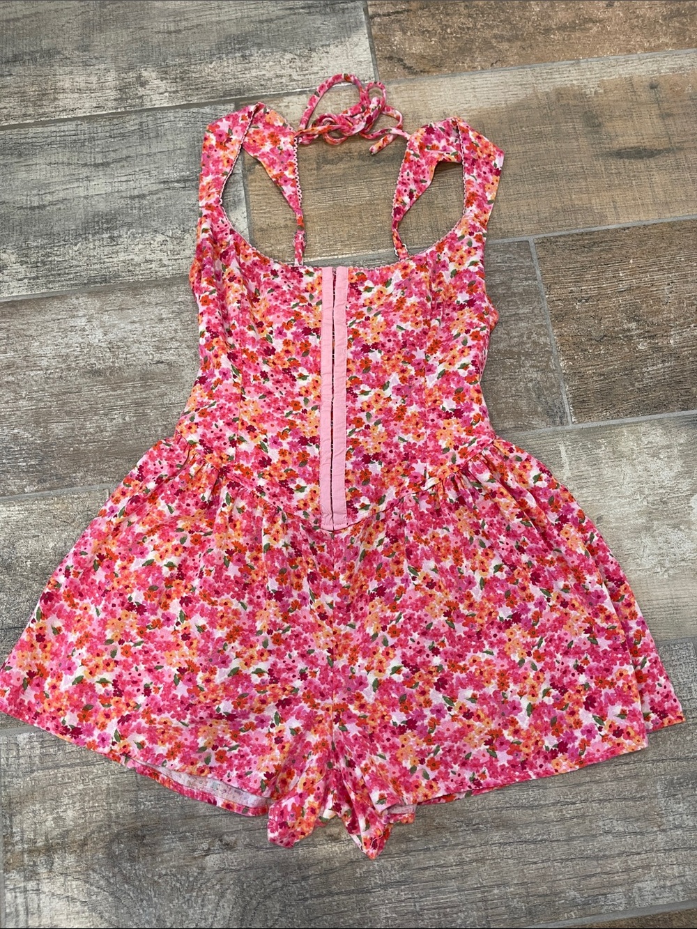 Wild Fable Pink Floral Smocked Open Tie Back Corset Front Romper XXS - Picture 7 of 11